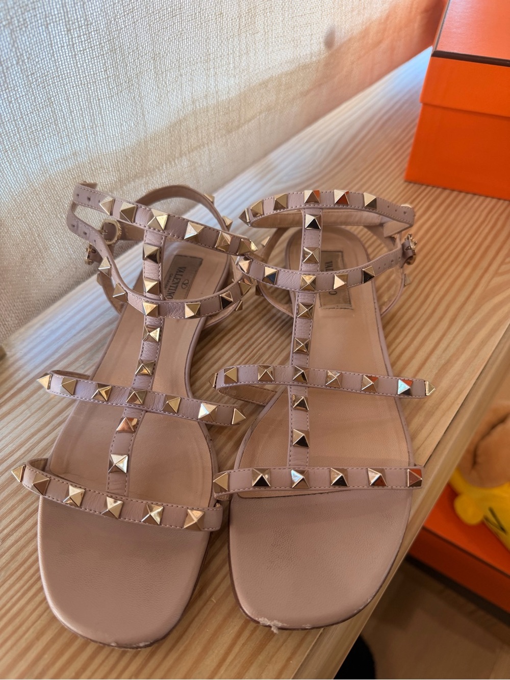 Valentino Blush Pink Rockstud T-Strap Flat Sandals